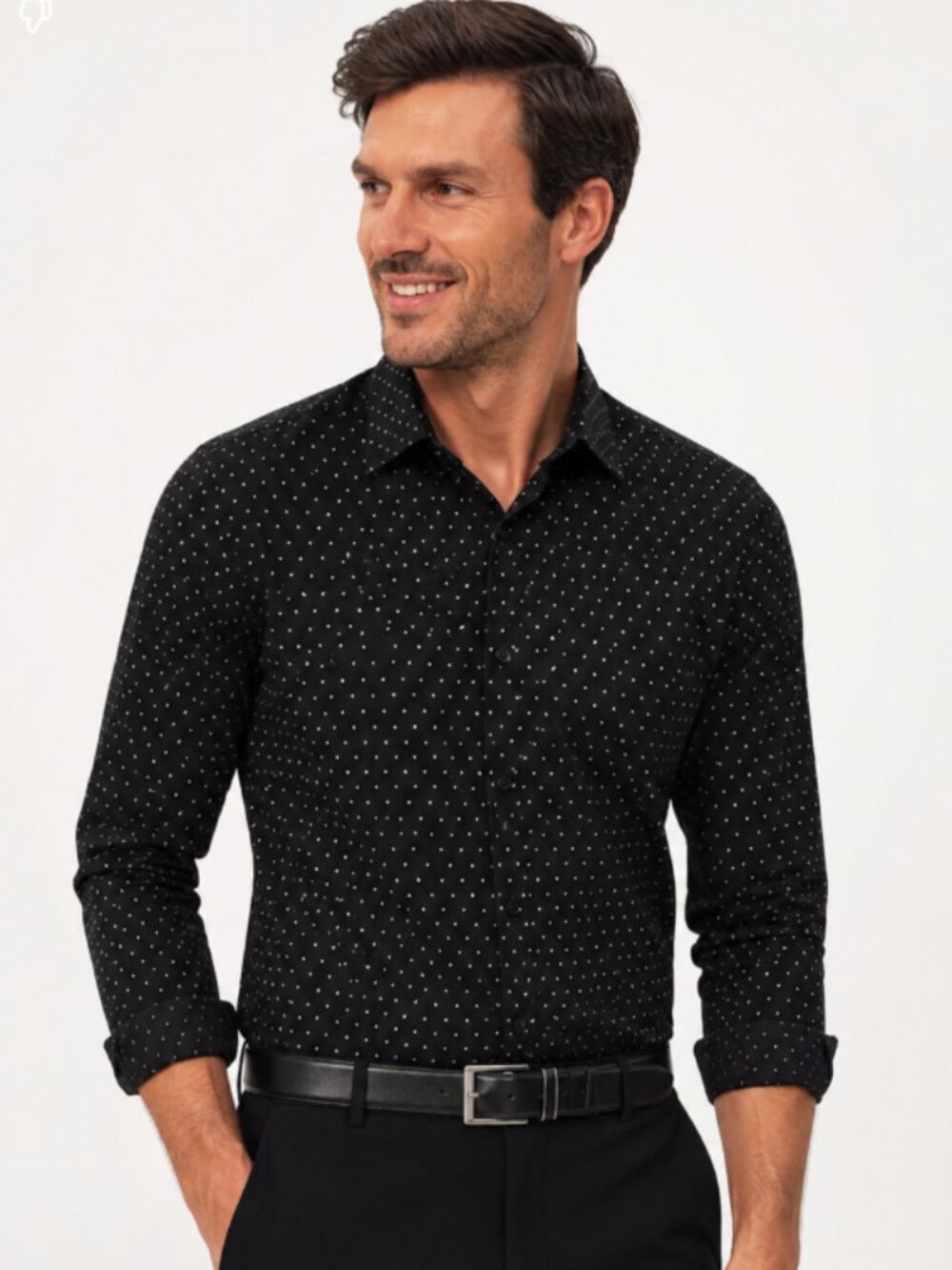 English Laundry Men's Black Long-Sleeve Shirt with Small Print, 100% Cotton, Siz